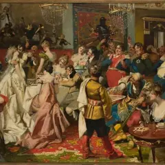Bal w stylu epoki "Pan Tadeusz". Goście w strojach z epoki bawią się, piją i rozmawiają. W centrum para młoda.