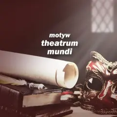 Stara maska, zwój i pióro. To symboliczne przedstawienie toposu "theatrum mundi" – świata jako teatru.