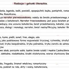 Rodzaje i gatunki literackie: epika, liryka, dramat. Opisuje cechy, przykłady i budowę poszczególnych gatunków.