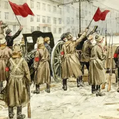 Obraz rewolucji w przedwiośniu: ludzie z czerwonymi flagami, żołnierze z karabinami i armata na ulicy.