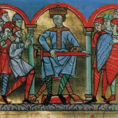 Król z mieczem, otoczony wojownikami. Ilustracja pokazuje, co to wzorce parenetyczne, czyli przykłady cnót i wad.