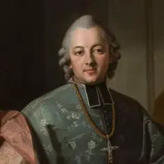 Portret biskupa w stroju duchownym, z łańcuchem i krzyżem. Postać odzwierciedla styl epoki oświecenia, w której tworzył Krasicki.