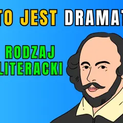 Portret Szekspira. Napis "TO JEST DRAMAT! RODZAJ LITERACKI" wyjaśnia budowę dramatu antycznego.