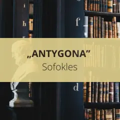 Busty postaci antycznych na tle regałów z książkami, z napisem „Antygona” Sofoklesa.