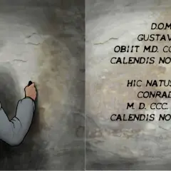Mężczyzna pisze na ścianie, symbolizując przemianę Gustawa w Konrada. Widnieją napisy: "Gustavus obiit" i "Conradus natus".