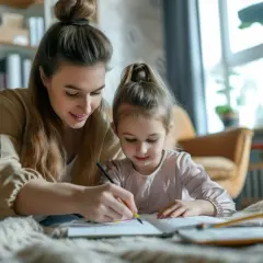 Mama pomaga córce w nauce. W tle widać elementy świata przedstawionego: regał z książkami, rośliny i okno.