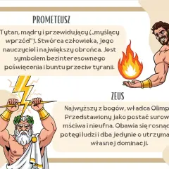 Prometeusz, tytan, mądry i przewidujący, symbolizuje bezinteresowne poświęcenie i bunt. Trzyma ogień, symbol wiedzy i postępu.