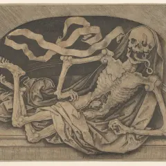 Szkielet z wystającym językiem i wstęgami, symbolizujący topos ubi sunt.