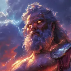 Gniewny Zeus, władca piorunów, którego oczy płoną, gdy rozważa, kto zabił dzieci Niobe.