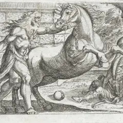 Herakles, jak oczyścił stajnie Augiasza, walczy z koniem. W tle widać ludzi i architekturę.