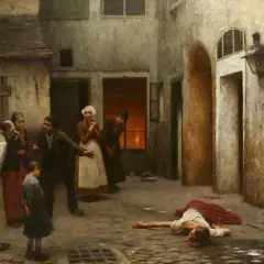 Scena zbrodni, gdzie leży ofiara. Wokół zgromadził się tłum gapiów, a wśród nich można dostrzec głównego bohatera "Zbrodni i kary".