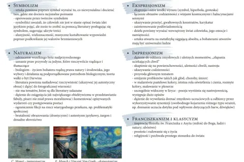 Zalożenia Młodej Polski: symbolizm, naturalizm, ekspresjonizm, impresjonizm, franciszkanizm. Obrazki: Monet, Munch, Van Gogh.