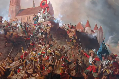 Obraz przedstawia bitwę o zamek, gdzie żołnierze w historycznych strojach walczą o mury. Scena oddaje dynamikę potopu wydarzeń historycznych.