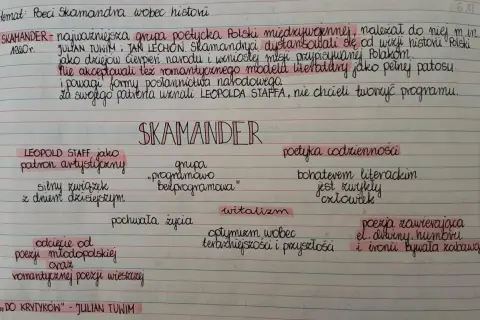 Notatki o Skamandrze: cechy awangardy krakowskiej, poetyka codzienności, witalizm, odcięcie od romantyzmu.