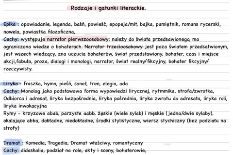 Rodzaje i gatunki literackie: epika, liryka, dramat. Opisuje cechy, przykłady i budowę poszczególnych gatunków.