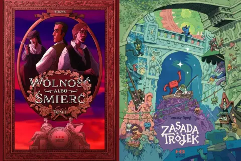 Dwa okładki komiksów: "Wolność albo śmierć" z postaciami historycznymi i "Zasada trójek" z fantastycznymi stworzeniami. Czy komiks to książka? Tak!