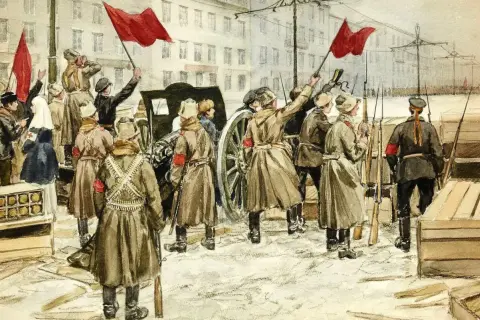 Obraz rewolucji w przedwiośniu: ludzie z czerwonymi flagami, żołnierze z karabinami i armata na ulicy.