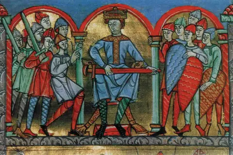 Król z mieczem, otoczony wojownikami. Ilustracja pokazuje, co to wzorce parenetyczne, czyli przykłady cnót i wad.