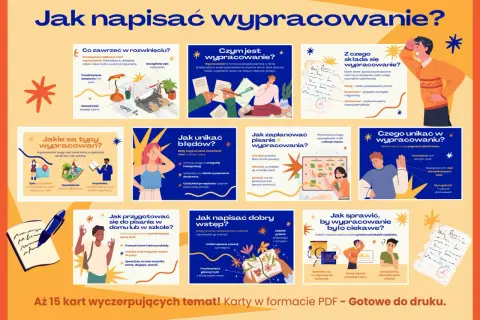 Grafika wyjaśnia, co to jest wypracowanie, jak je napisać, jakie są jego typy i czego unikać.