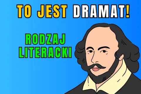 Portret Szekspira. Napis "TO JEST DRAMAT! RODZAJ LITERACKI" wyjaśnia budowę dramatu antycznego.
