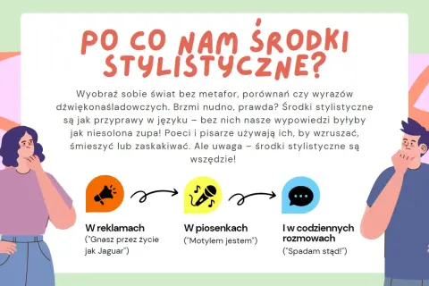 Ilustracja wyjaśnia, po co nam środki stylistyczne. Pokazuje ich przykłady w reklamach, piosenkach i rozmowach.