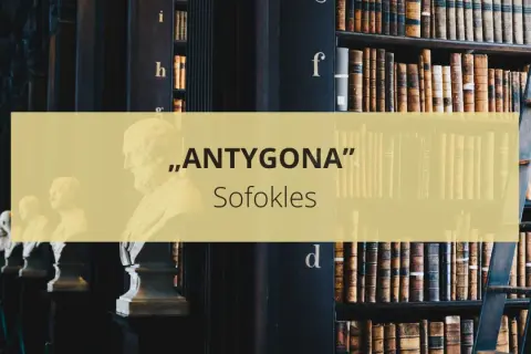 Busty postaci antycznych na tle regałów z książkami, z napisem „Antygona” Sofoklesa.