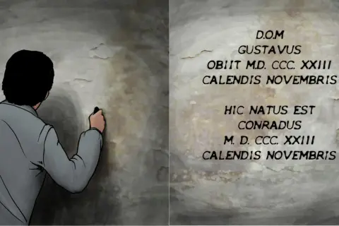Mężczyzna pisze na ścianie, symbolizując przemianę Gustawa w Konrada. Widnieją napisy: "Gustavus obiit" i "Conradus natus".