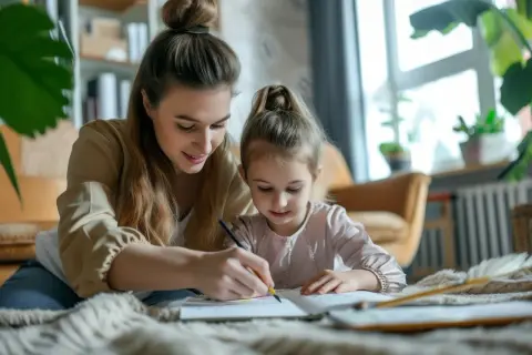 Mama pomaga córce w nauce. W tle widać elementy świata przedstawionego: regał z książkami, rośliny i okno.