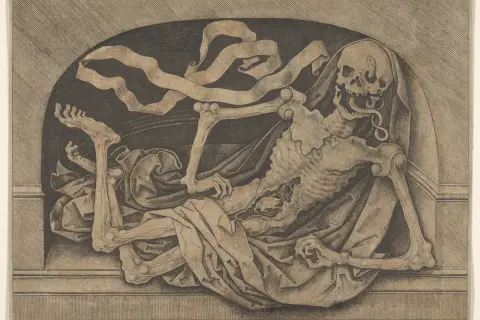 Szkielet z wystającym językiem i wstęgami, symbolizujący topos ubi sunt.