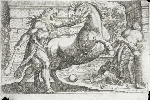 Herakles, jak oczyścił stajnie Augiasza, walczy z koniem. W tle widać ludzi i architekturę.