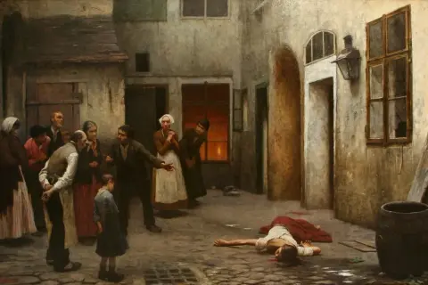 Scena zbrodni, gdzie leży ofiara. Wokół zgromadził się tłum gapiów, a wśród nich można dostrzec głównego bohatera "Zbrodni i kary".