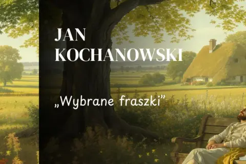 Mężczyzna odpoczywa na ławce w sielskim krajobrazie, obok chaty krytej strzechą.