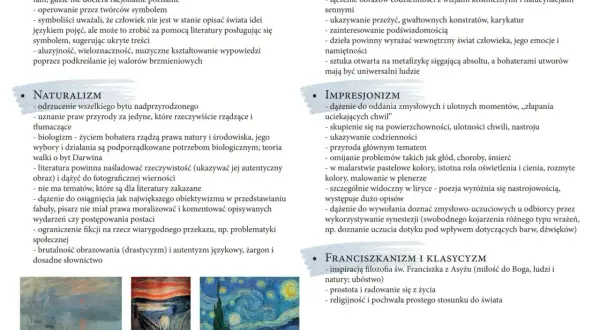 Zalożenia Młodej Polski: symbolizm, naturalizm, ekspresjonizm, impresjonizm, franciszkanizm. Obrazki: Monet, Munch, Van Gogh.