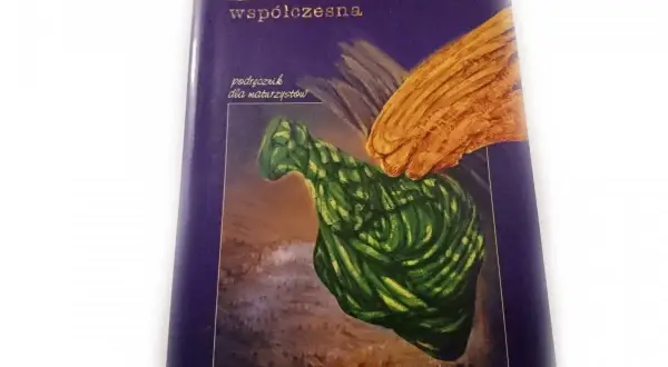 Okładka książki "Literatura współczesna" z podtytułem "podręcznik dla maturzystów". Obok zielonej, abstrakcyjnej formy widnieje złote skrzydło.