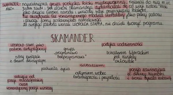 Notatki o Skamandrze: cechy awangardy krakowskiej, poetyka codzienności, witalizm, odcięcie od romantyzmu.