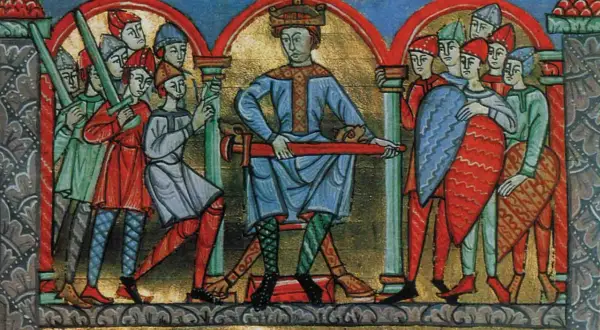 Król z mieczem, otoczony wojownikami. Ilustracja pokazuje, co to wzorce parenetyczne, czyli przykłady cnót i wad.