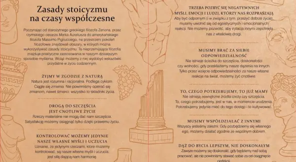 Zasady stoicyzmu w literaturze: filozofia Zenona, Marka Aureliusza i P. Pigliucciego, praktyczne wskazówki na co dzień.