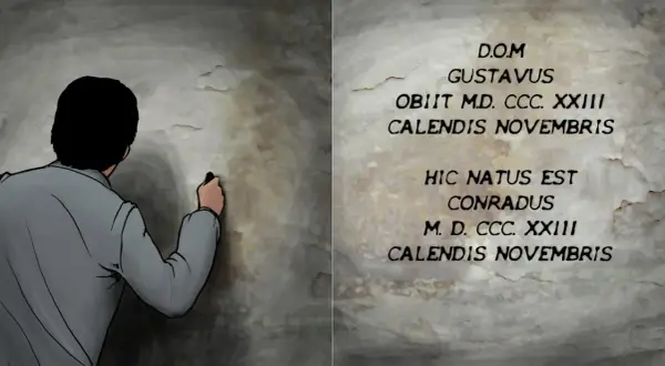 Mężczyzna pisze na ścianie, symbolizując przemianę Gustawa w Konrada. Widnieją napisy: "Gustavus obiit" i "Conradus natus".