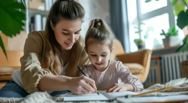 Mama pomaga córce w nauce. W tle widać elementy świata przedstawionego: regał z książkami, rośliny i okno.