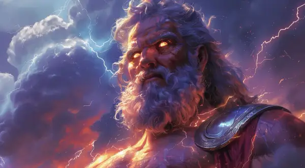 Gniewny Zeus, władca piorunów, którego oczy płoną, gdy rozważa, kto zabił dzieci Niobe.