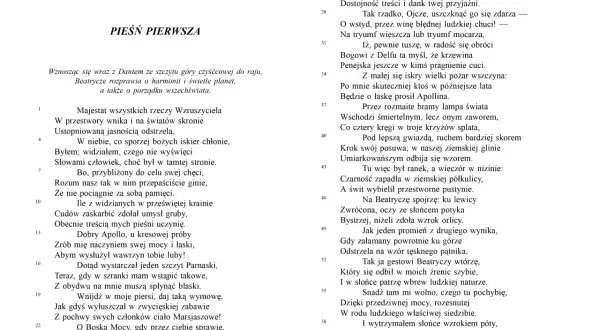 Pieśń pierwsza z Boskiej Komedii. Wznosząc się z Dantem do Raju, z Beatrycze rozmawiają o harmonii i świetle planet.