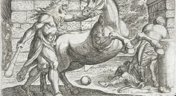 Herakles, jak oczyścił stajnie Augiasza, walczy z koniem. W tle widać ludzi i architekturę.