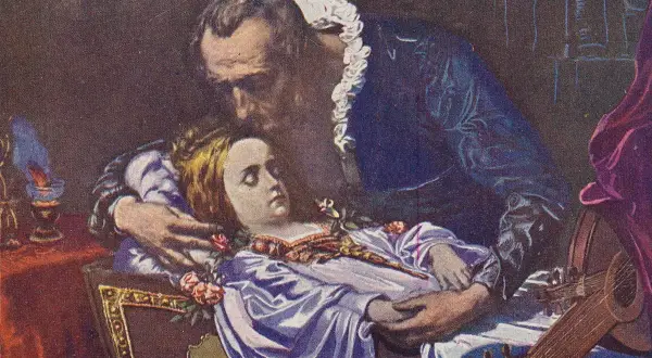 Smutny ojciec nad śpiącą córką, inspirowany "Trenami" Jana Kochanowskiego. Sztuki poetyckie oddają ból.