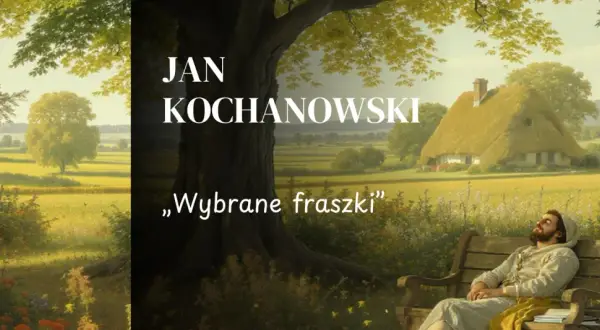 Mężczyzna odpoczywa na ławce w sielskim krajobrazie, obok chaty krytej strzechą.