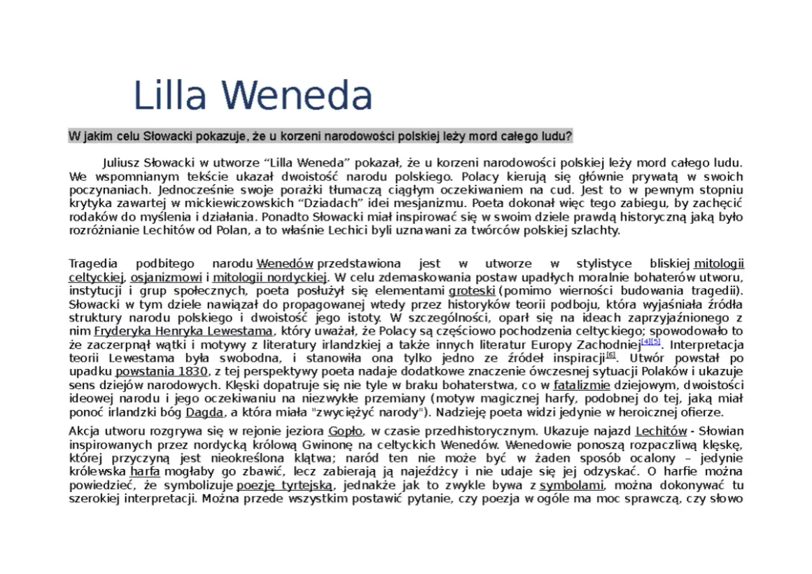 Juliusz Słowacki w "Lilli Wenedzie" ukazuje korzenie polskiej narodowości. Streszczenie utworu.