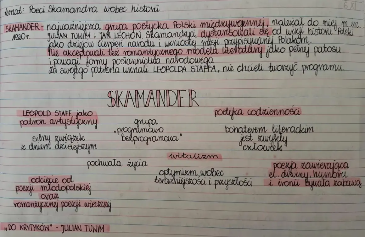Notatki o Skamandrze: cechy awangardy krakowskiej, poetyka codzienności, witalizm, odcięcie od romantyzmu.