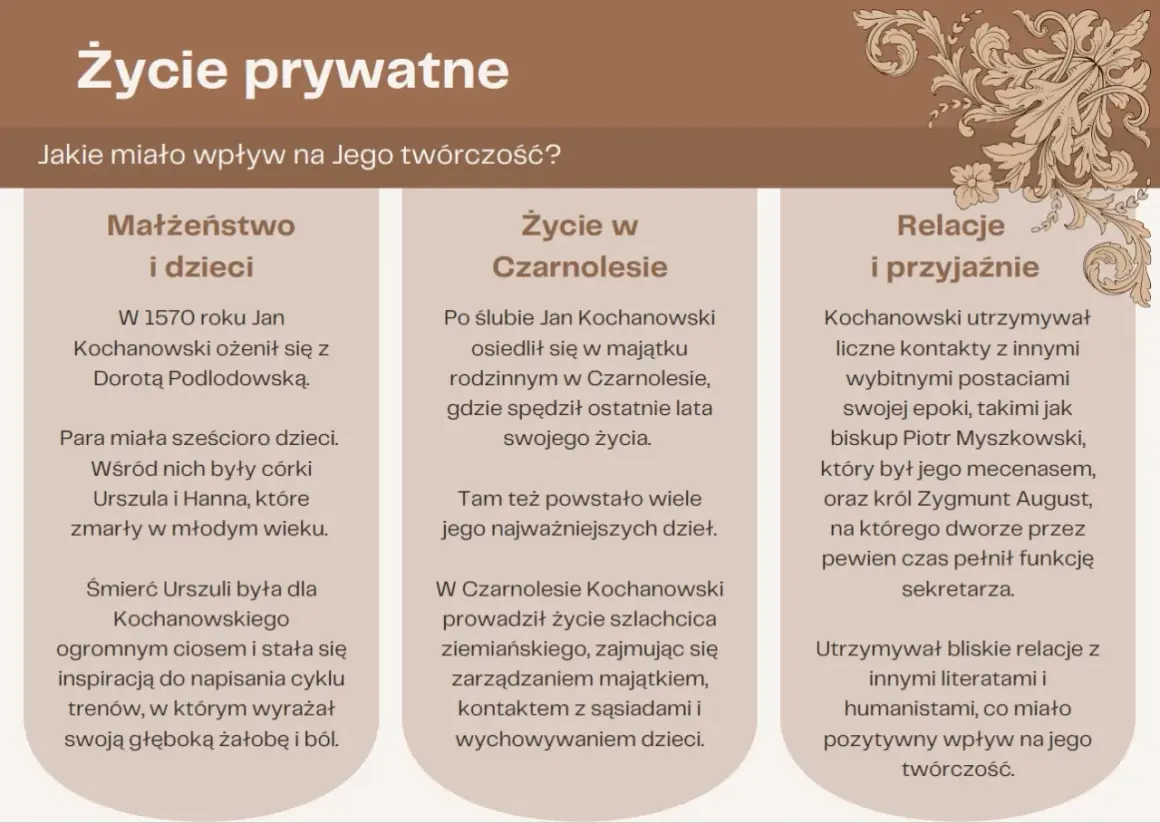 Jan Kochanowski: życie i twórczość. Małżeństwo, życie w Czarnolesiu i relacje z wybitnymi postaciami wpłynęły na jego dzieła.