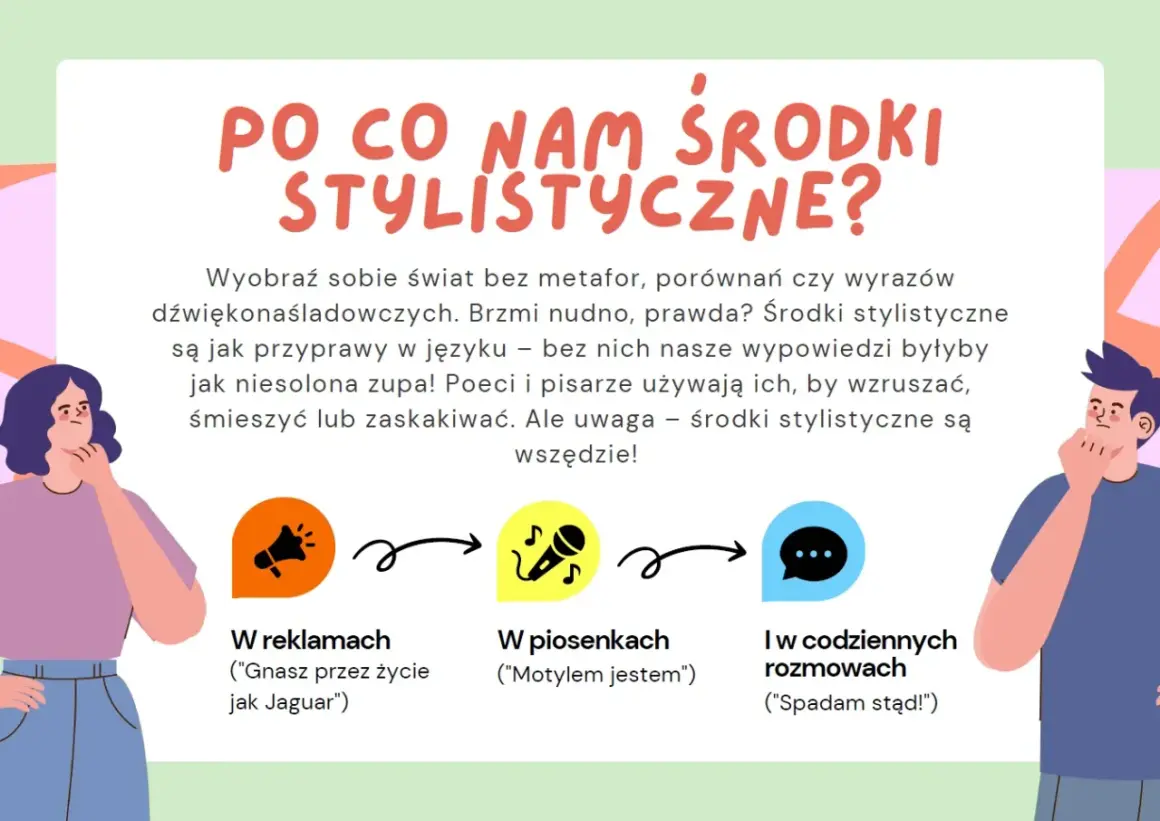 Ilustracja wyjaśnia, po co nam środki stylistyczne. Pokazuje ich przykłady w reklamach, piosenkach i rozmowach.
