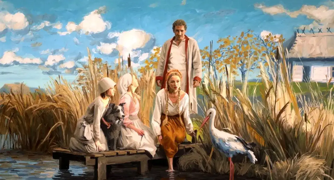 Antek z chłopów obserwuje rodzinę nad wodą. Obok bocian, pies i wiejska chata.