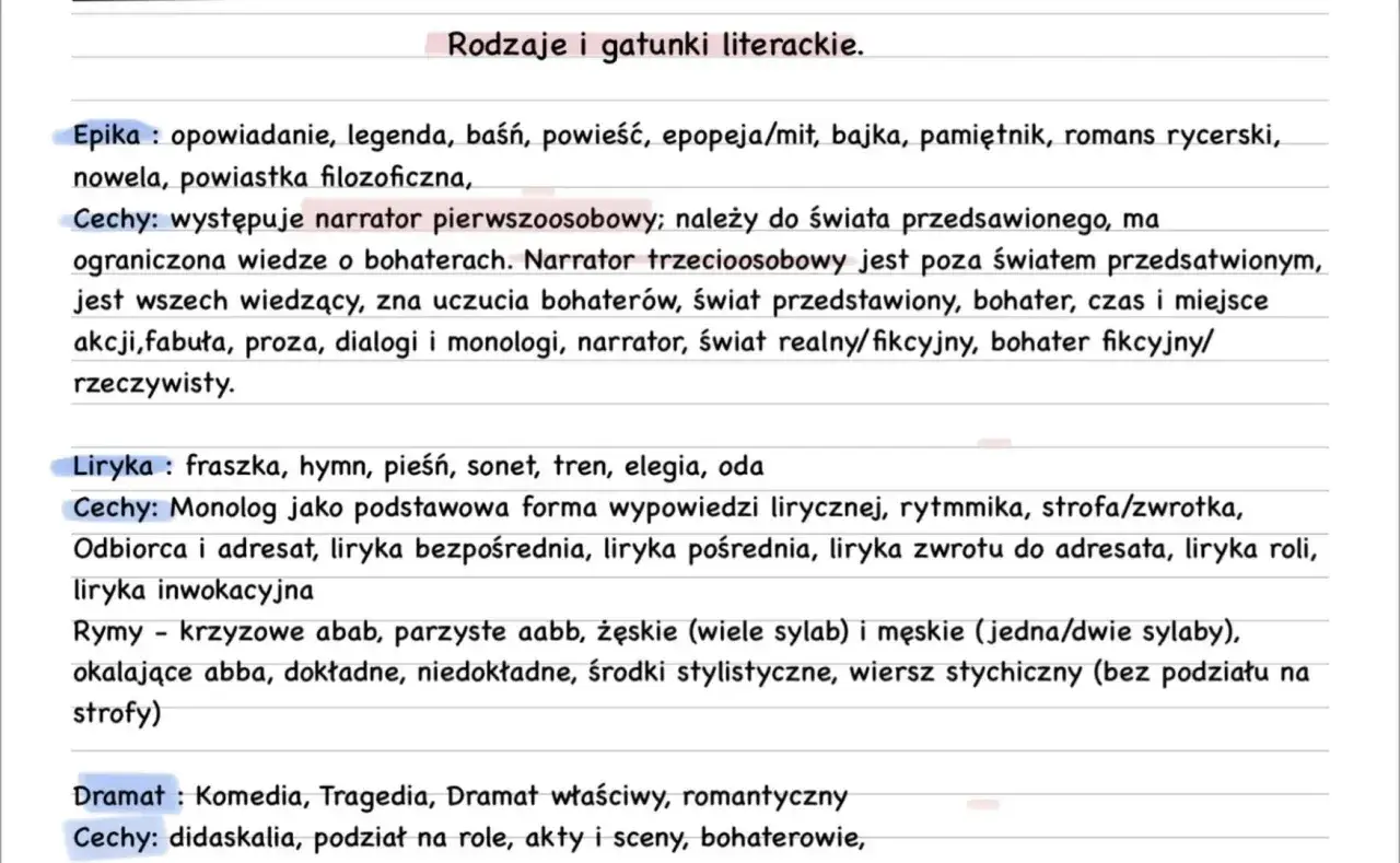 Rodzaje i gatunki literackie: epika, liryka, dramat. Opisuje cechy, przykłady i budowę tych gatunków.